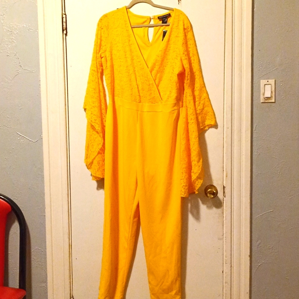 Ashley Stewart yellow with lace top pant jumpsuit. Size (18/20).